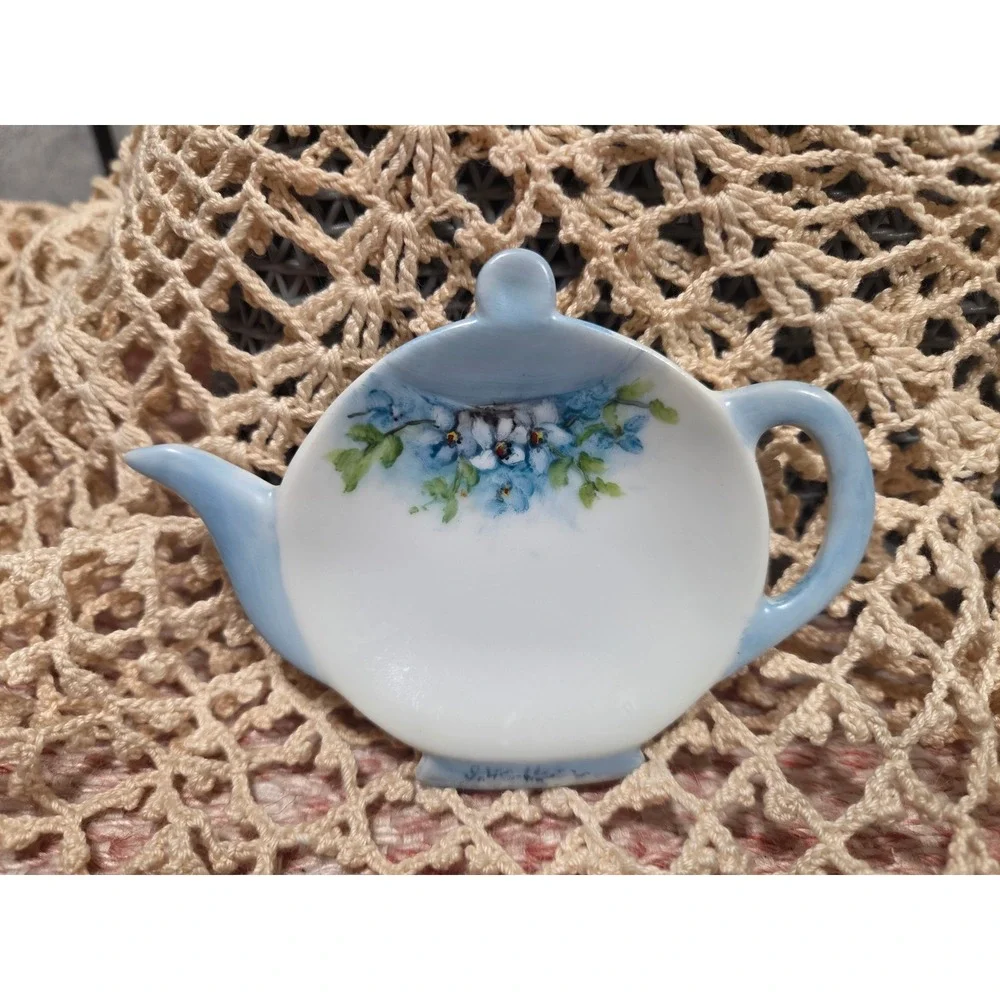 Vintage Signed J Wallace Porcelain Teapot Tea Bag Holder Coasters Set of 2 Blue